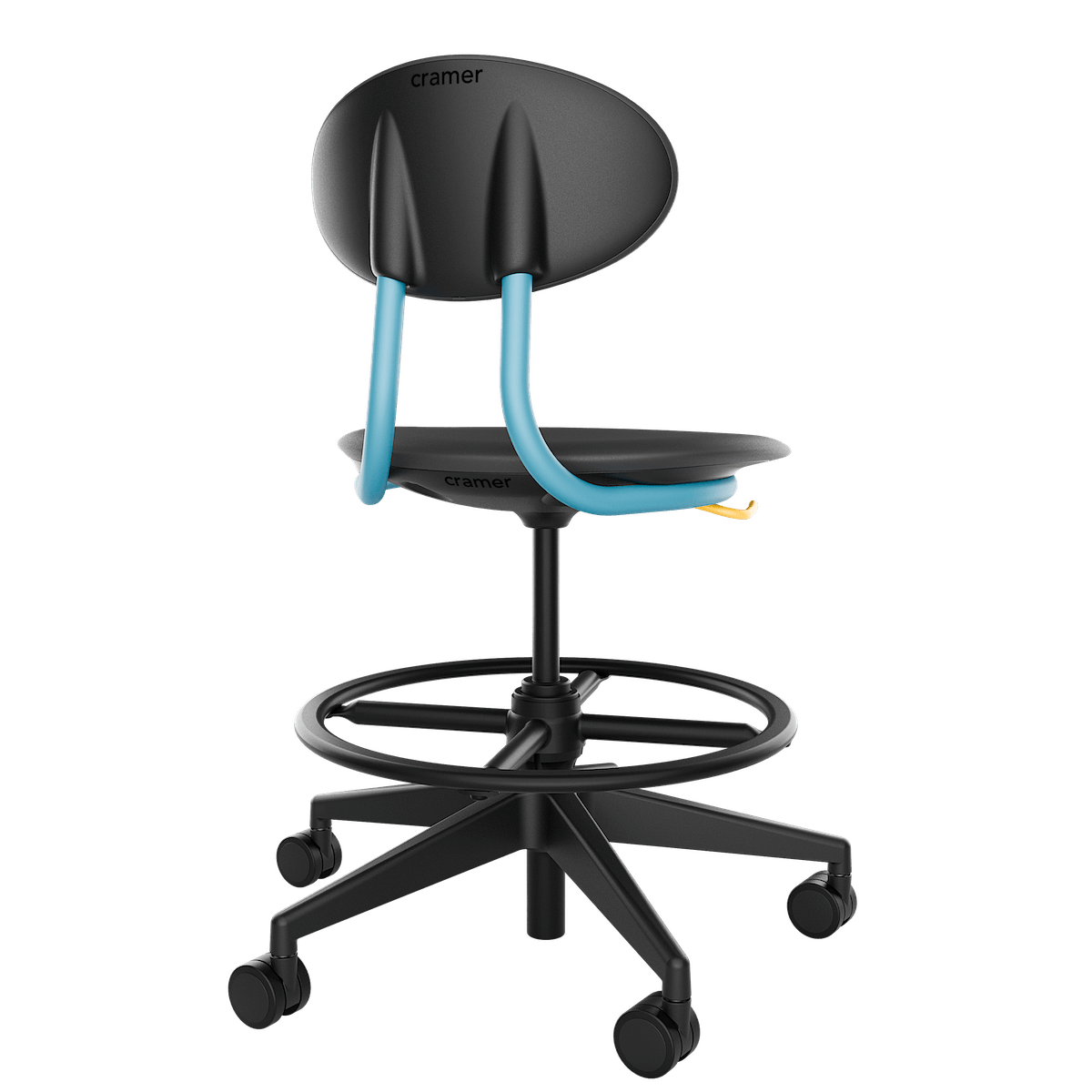 Black drafting chair with turquoise back supports, rounded backrest, contoured seat, circular foot ring, and five-wheel black base.